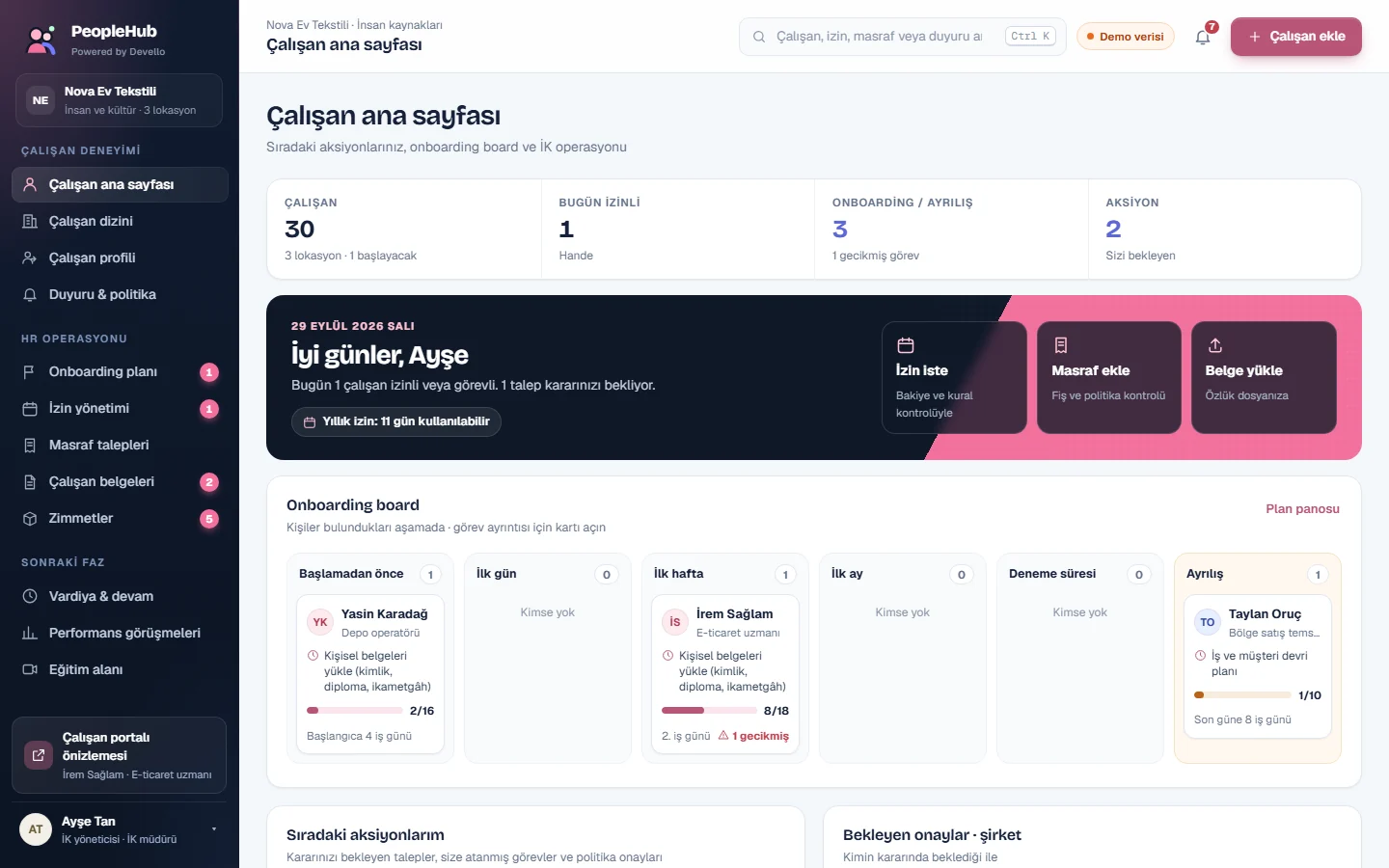 PeopleHub employee home: quick actions and onboarding board