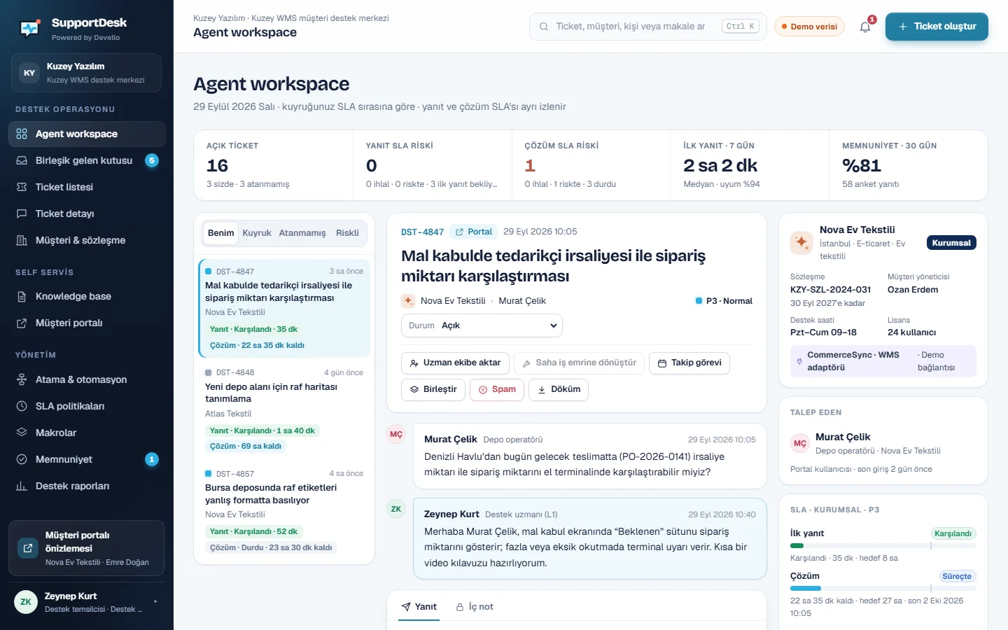SupportDesk agent workspace: queue, conversation and customer context